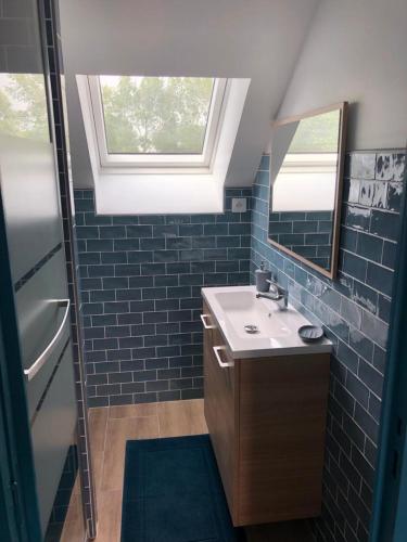uma casa de banho com um lavatório e um espelho em Le Bout du Monde em Bricqueville-sur-Mer