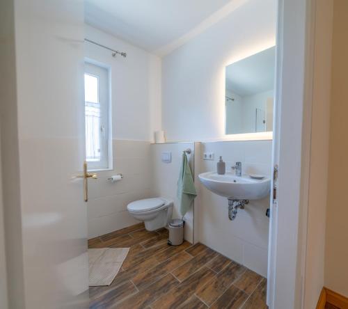 a white bathroom with a toilet and a sink at Maisonette Parforce in Gorleben
