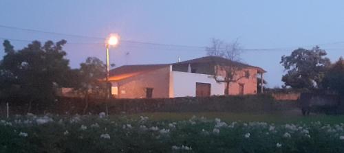 a house with a street light next to a field of flowers at Casa do Terreto & Casa do Forno in Parada
