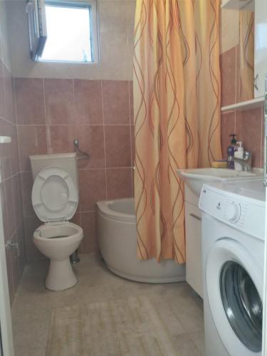 ein Badezimmer mit einem WC, einem Waschbecken und einem Duschvorhang in der Unterkunft Apartman Piva - Sutomore in Sutomore