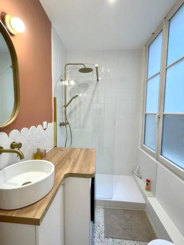 une salle de bain blanche avec un lavabo et une douche dans l'établissement Appartement de charme - Hypercentre Gros Horloge, à Rouen