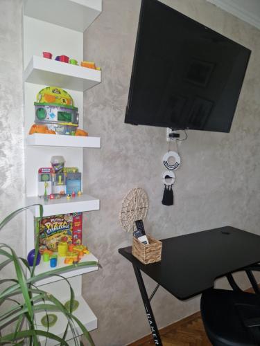 a living room with a table and a tv on a wall at Aparmani Djuric in Subotica