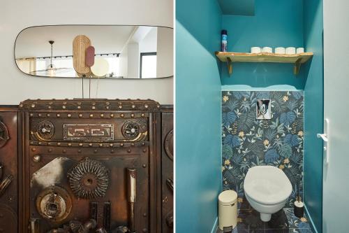 une salle de bain avec toilettes et miroir dans l'établissement Residense Montmartre by Studio prestige, à Paris