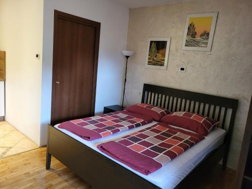 a bedroom with a bed with red pillows on it at Apartmaji Tim in Izola