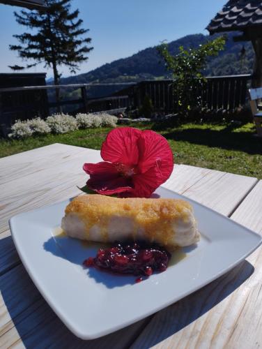 a white plate with a pastry and a red flower at Planinski dom Vrhe in Trbovlje
