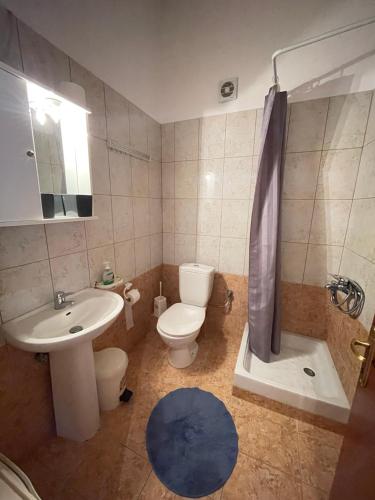 a bathroom with a sink and a toilet and a shower at Cactus rooms in Stratoni