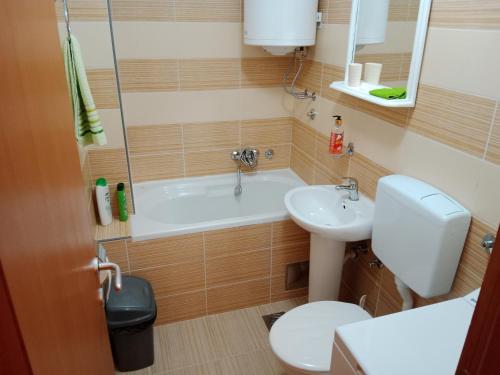 a bathroom with a sink and a tub and a toilet at Studio Apartman D&S in Pluzine