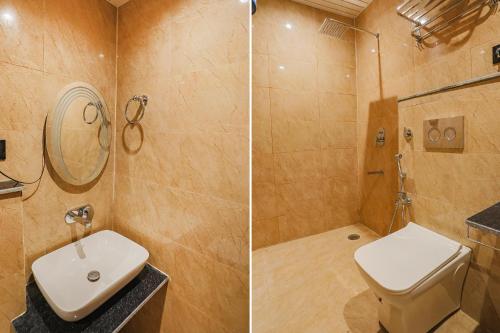two pictures of a bathroom with a toilet and a shower at Hotel DDS in Lucknow