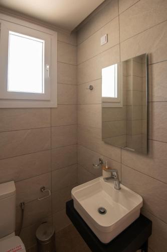 a bathroom with a sink and a mirror and a toilet at Apanemo Kourouta Luxury Double Room in Kourouta