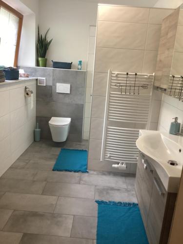 łazienka z umywalką, toaletą i niebieskimi matami w obiekcie Urlaub am Bauernhof - Zettlerhof Apartment 