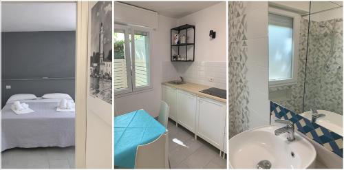 two pictures of a bathroom with a bed and a sink at Battigia Rimini - Appartamenti Vacanze in Rimini