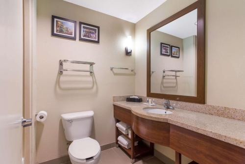 a bathroom with a toilet and a sink and a mirror at Comfort Suites North Mobile in Saraland
