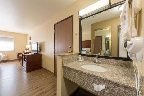 Comfort Inn & Suites Alamosa في ألاموسا: حمام مع حوض ومرآة كبيرة