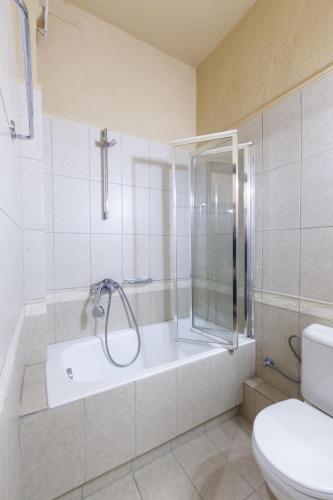 a bathroom with a shower and a toilet at Dellas Boutique Hotel in Kalabaka