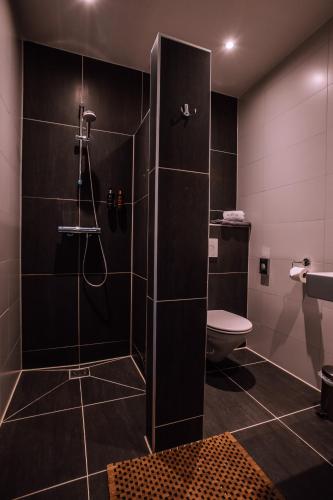 a bathroom with a shower with a toilet and a sink at B&B/Boertel de Meander in Oirschot