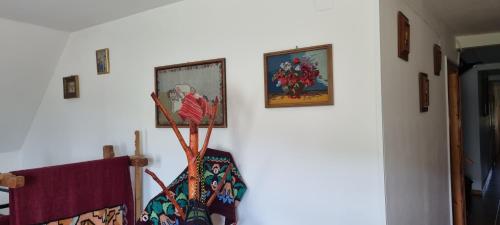 a white wall with two pictures on the wall at Pensiunea Printul Vlad in Sibiel