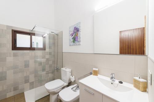 y baño con aseo, lavabo y espejo. en Moderno apartamento en Playa de los Cancajos en Los Cancajos