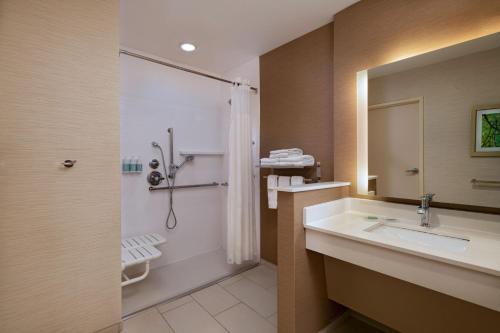 a bathroom with a sink and a shower and a mirror at Fairfield Inn & Suites Houston Richmond in Richmond