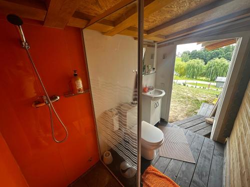 a bathroom with a shower and a toilet in it at ILSA camping in Bauska