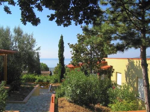 チェントラにあるLuxurious Holiday Home in Palinuro Italy with Swimming Poolの木々と建物のある庭園の景色