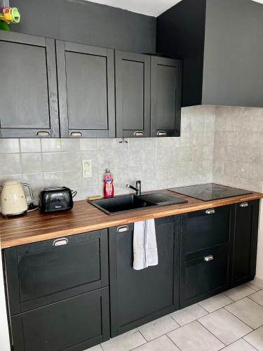 uma cozinha com armários pretos e um lavatório em Appartement confortable et lumineux 60m² em Pluneret