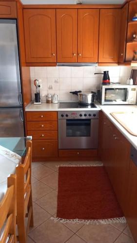 a kitchen with wooden cabinets and a stove top oven at AMAZING VIEW IN ANTHIDONA in Loukísia