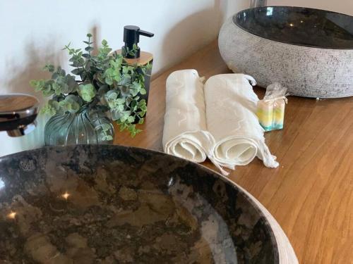 a bathroom counter with a sink and a vase of flowers at Villa à 100 m à pied de la plage in Sainte-Anne
