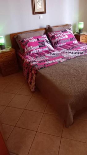 a bed with two pillows on it in a room at AMAZING VIEW IN ANTHIDONA in Loukísia