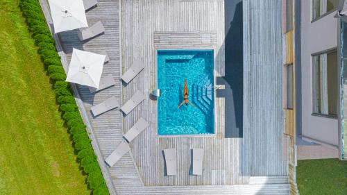 an overhead view of a swimming pool with a kayak in it at Linta Hotel Wellness & Spa in Asiago