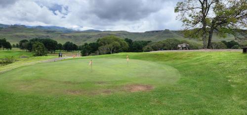 a golf green with two polls in the grass at Gooderson Drakensberg Gardens Golf & Spa Resort in Drakensberg Garden