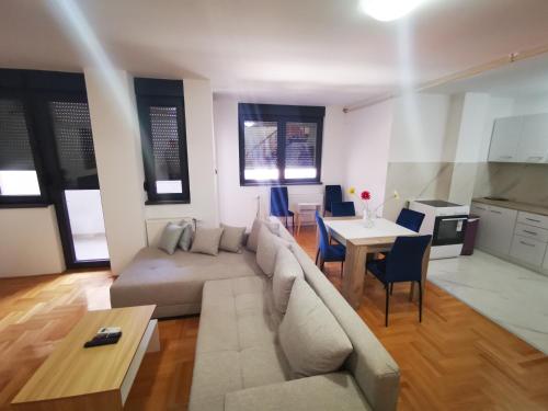 a living room with a couch and a table at Riviera Apartments in Niš