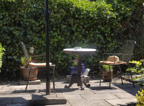 a table and chairs and a cat sitting under a table at Casa Mundo Bed & Breakfast in Vejle