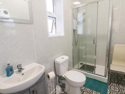 a bathroom with a toilet and a sink and a shower at 6 Beach View Beaconsfield House in Bridlington