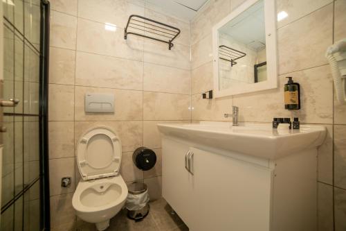 a bathroom with a toilet and a sink and a mirror at Estia Hotel in Gokceada Town