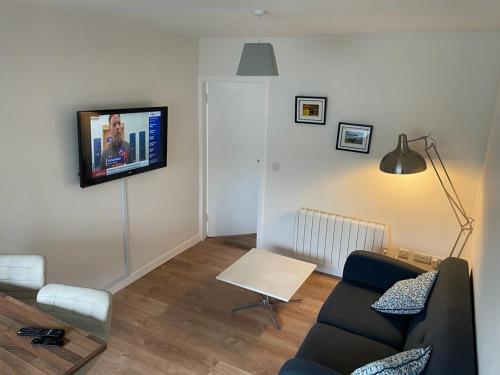 a living room with a couch and a tv on a wall at Beautiful one bedroom Apartment In Galway City in Galway