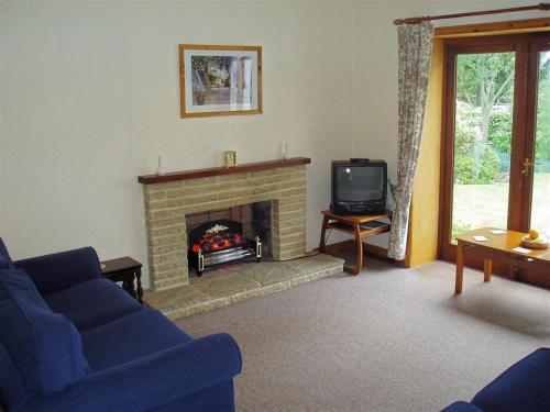a living room with a fireplace and a tv at Ernambrie Cottage in Castle Douglas