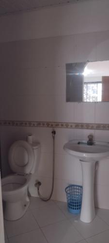 a bathroom with a toilet and a sink at Cobertura Pé na Areia 15 m Mar in Olivença