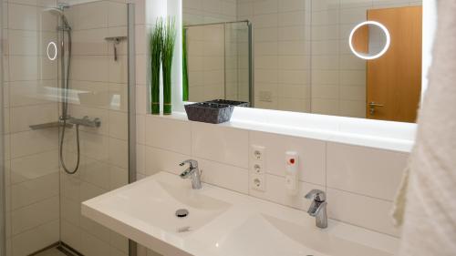 a bathroom with a sink and a shower and a mirror at Neubrandenburg in Gützkow