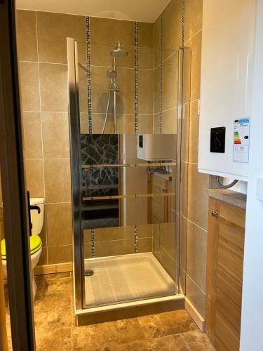 a shower with a glass door in a bathroom at Le Repère du Loup in Malbosc