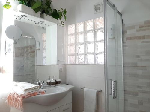 y baño blanco con lavabo y ducha. en Chrizia en Novi Ligure