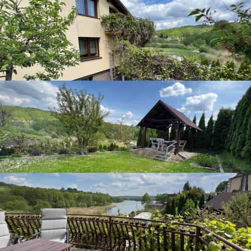 a collage of two pictures of a house and a gazebo at Apartament na Kaszubach in Brodnica Dolna
