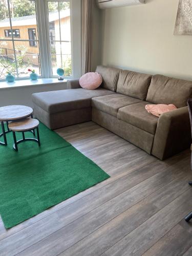 a living room with a brown couch and a green rug at BPW 1105 - Bospark t Wolfsven in Mierlo