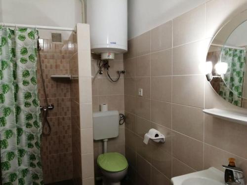 uma casa de banho com um WC verde e um lavatório em Kék Vándor Vendégház 