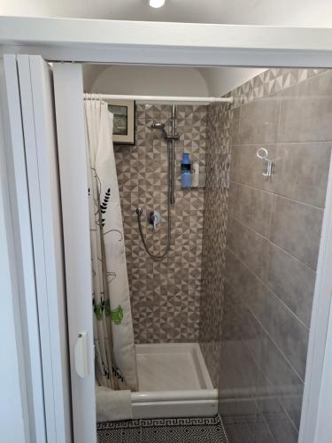 La salle de bains est pourvue d'une douche avec rideau de douche. dans l'établissement Tourist House La Castellana, à Catane