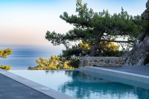 a swimming pool with a tree in the background at Villa K-Villa with private pool in Ierápetra