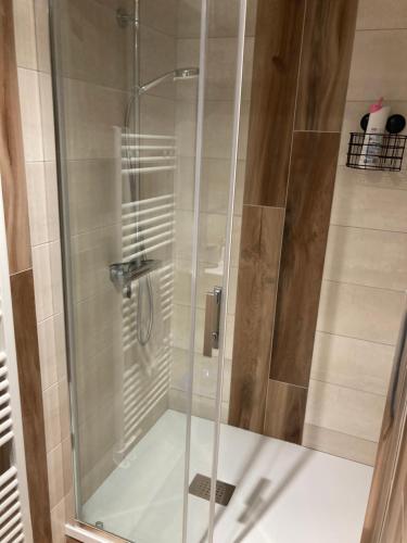 a shower with a glass door in a bathroom at le Châtelet in La Chaux Neuve