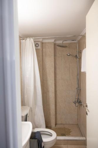 a bathroom with a shower with a toilet and a sink at Minimal loft at Kastellokampos in Patra