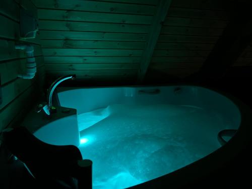 a bath tub with a faucet in a dark room at Hidden Garden Bungalow in Trabzon