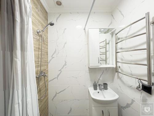 キシナウにあるRentHouse Apartments Sleep&Go #4の洗面台とシャワー付きの白いバスルーム