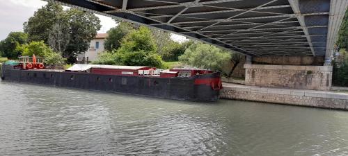 Péniche Chopine في بوكير: قارب يسافر على نهر تحت جسر